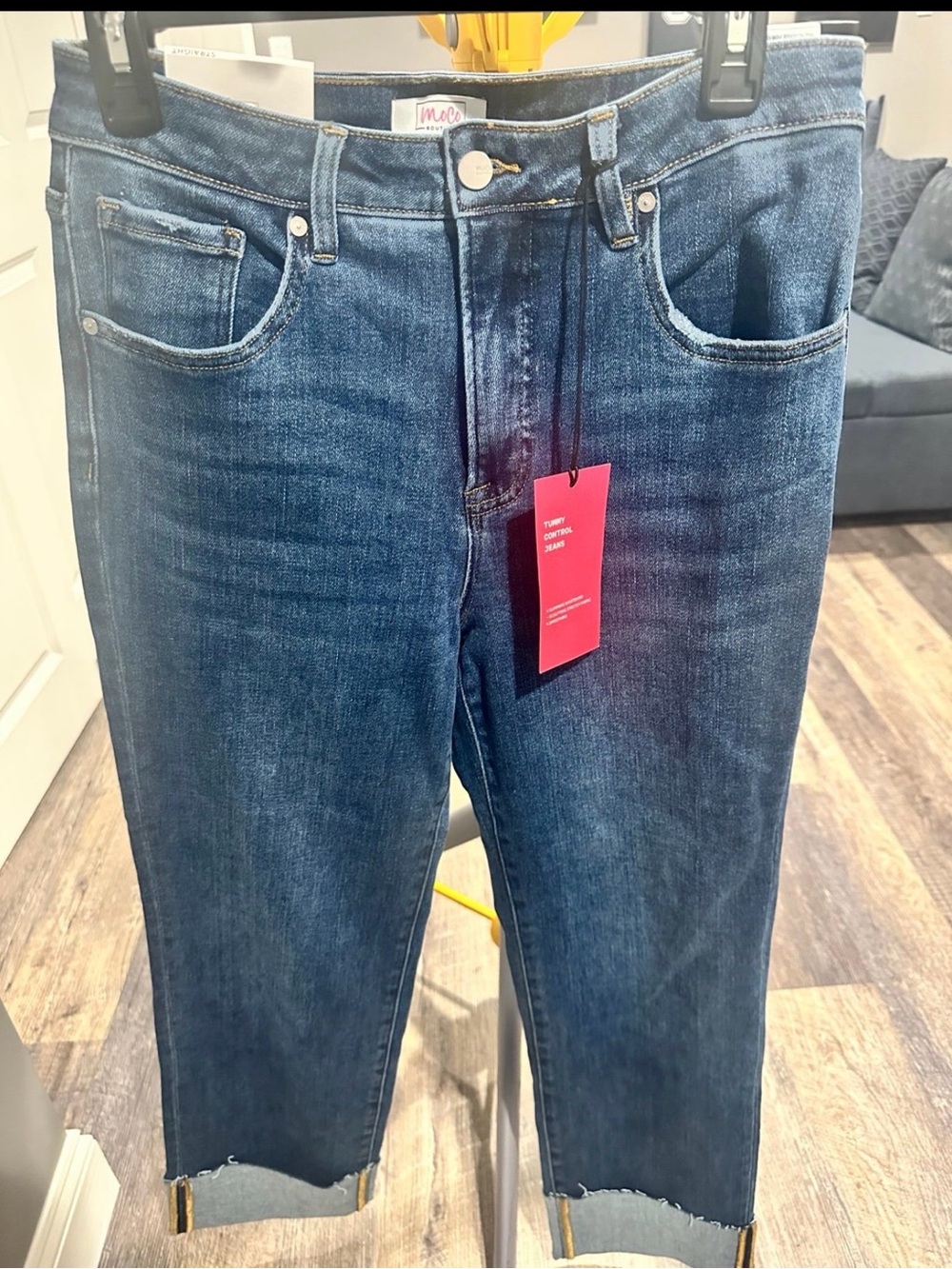 Moco Boutique women’s straight Jeans in Dark Blue Denim with cuff